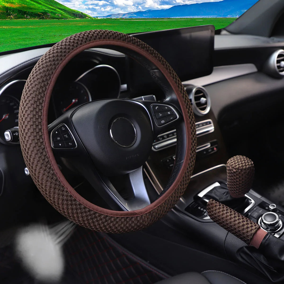 Three-piece three-dimensional breathable massage net car non-slip steering wheel cover, handbrake cover, gearshift cover