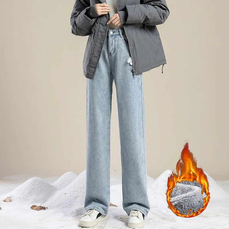 Winter Lady Solid Plush Thermal High Waist Jeans Girls Snow Warm Fleece Denim Pants Women Baggy Straight Leg Casual Trousers