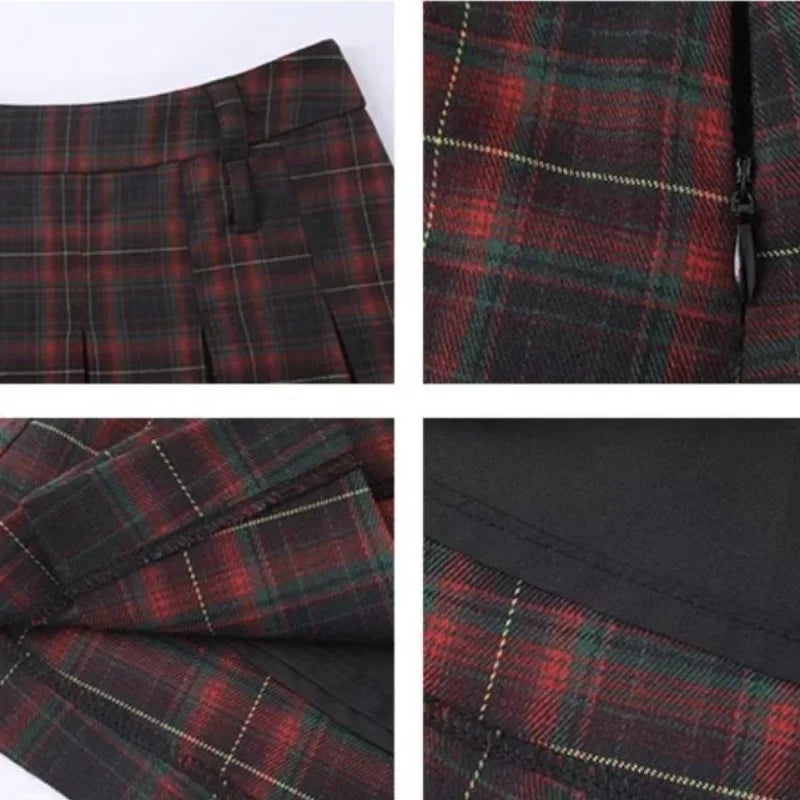 Low Waist Pleated Skirts Women Plaid Knee-length Autumn Korean Fashion Preppy Style All-match Casual Students Vintage Literary