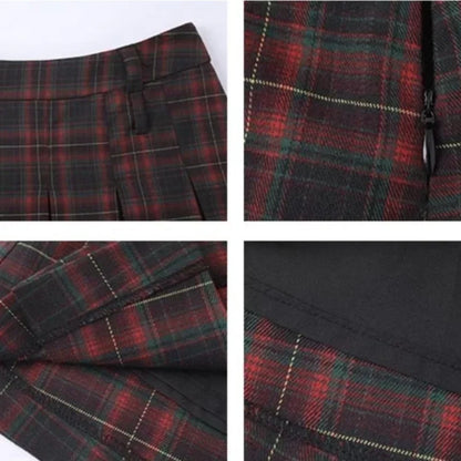 Low Waist Pleated Skirts Women Plaid Knee-length Autumn Korean Fashion Preppy Style All-match Casual Students Vintage Literary