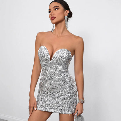Sexy Shining Backless Short Summer Dress Sequin Birthday Club Elegant Party Evening Dresses Strapless Womens Prom Dresses XSY010
