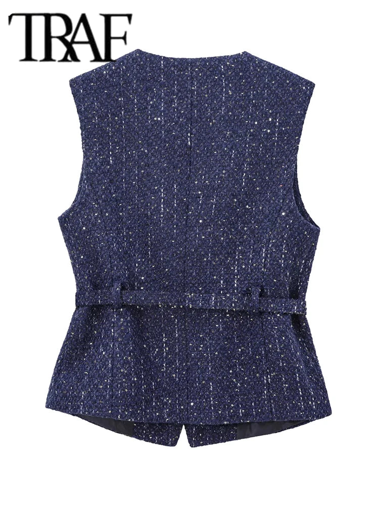 TRAF Women Sequin Tweed Vest New Fashion With Belt Vests for Women 2025 Autumn Sleeveless Coat Streetwear Chic Waistcoat Tops