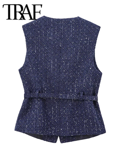 TRAF Women Sequin Tweed Vest New Fashion With Belt Vests for Women 2025 Autumn Sleeveless Coat Streetwear Chic Waistcoat Tops