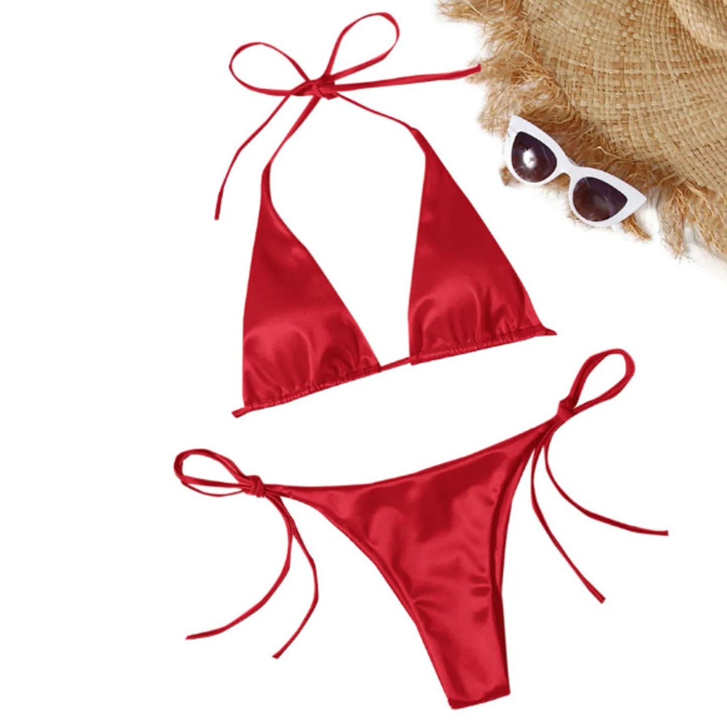 Brazilian Bikini Set Women Halter Neck Triangle Cup Swimwear Low Waist Satin Bandage Bikini Swimwear Summer Beach Bathing Suit