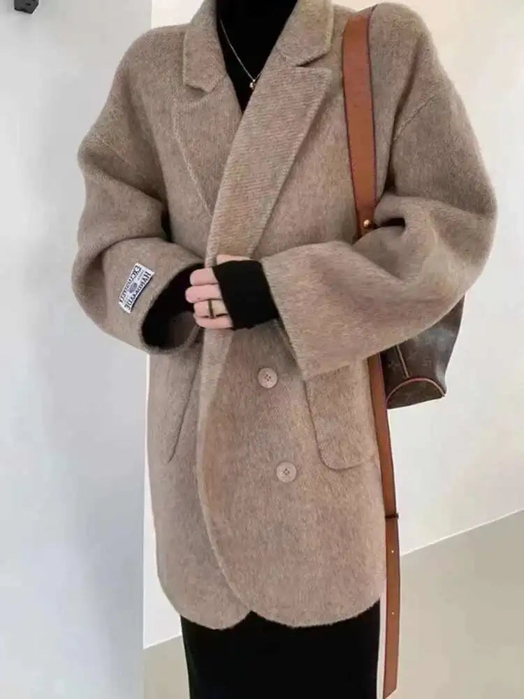 [EWQ] Korean Loose Long SleeveTurn-down Collar Solid Woolen Coats Women Double-faced Cashmere Coat Winter 2025 Autumn 16O1639
