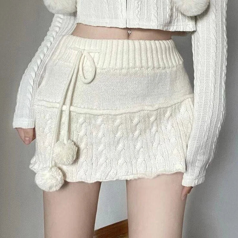 Women's Knitted Mini Skirt with Pom Pom Cable-knit Sweater Skirts Miniskirt Y2K Soft Girl Christmas Outfit