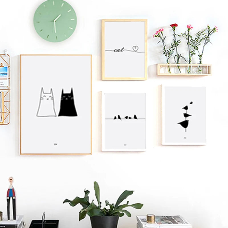 Cats Love Line Canvas Painting Minimalist Decorative Art Print Poster Nordic Black White Wall Picture Decor Nursery Kids Room