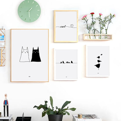 Cats Love Line Canvas Painting Minimalist Decorative Art Print Poster Nordic Black White Wall Picture Decor Nursery Kids Room