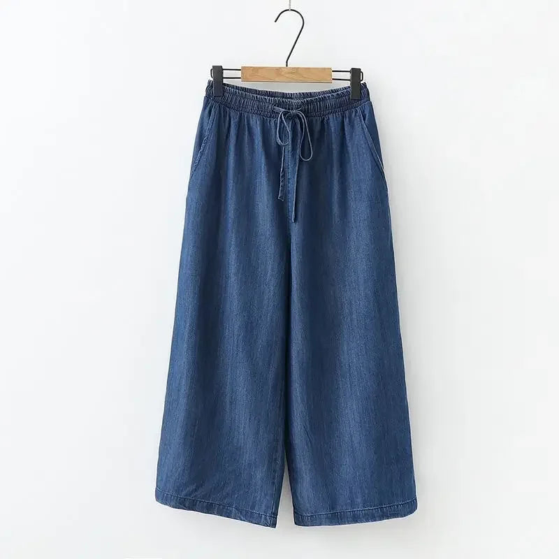Women's Pants Summer Drawstring Wide-leg Pants Cotton Blue Calf-Length Jeans Pants Mom Elastic Waist Straight Pants Women
