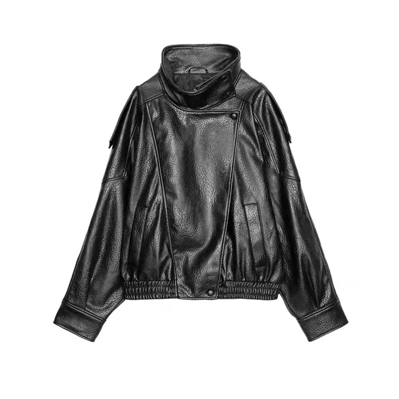 Fashion Leather Women's Jacket Y2k Street Single-breasted High Neck Female Coats 2026 Spring Black Pu Long Sleeve Lady Jackets