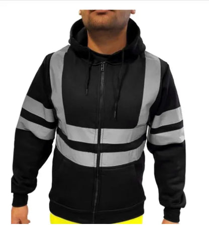 New Men's Reflective Strip Hoodie Jackets Spring Autumn Zipper Long Sleeve Fleece Sweatshirts High Visibility Night Work Jackets