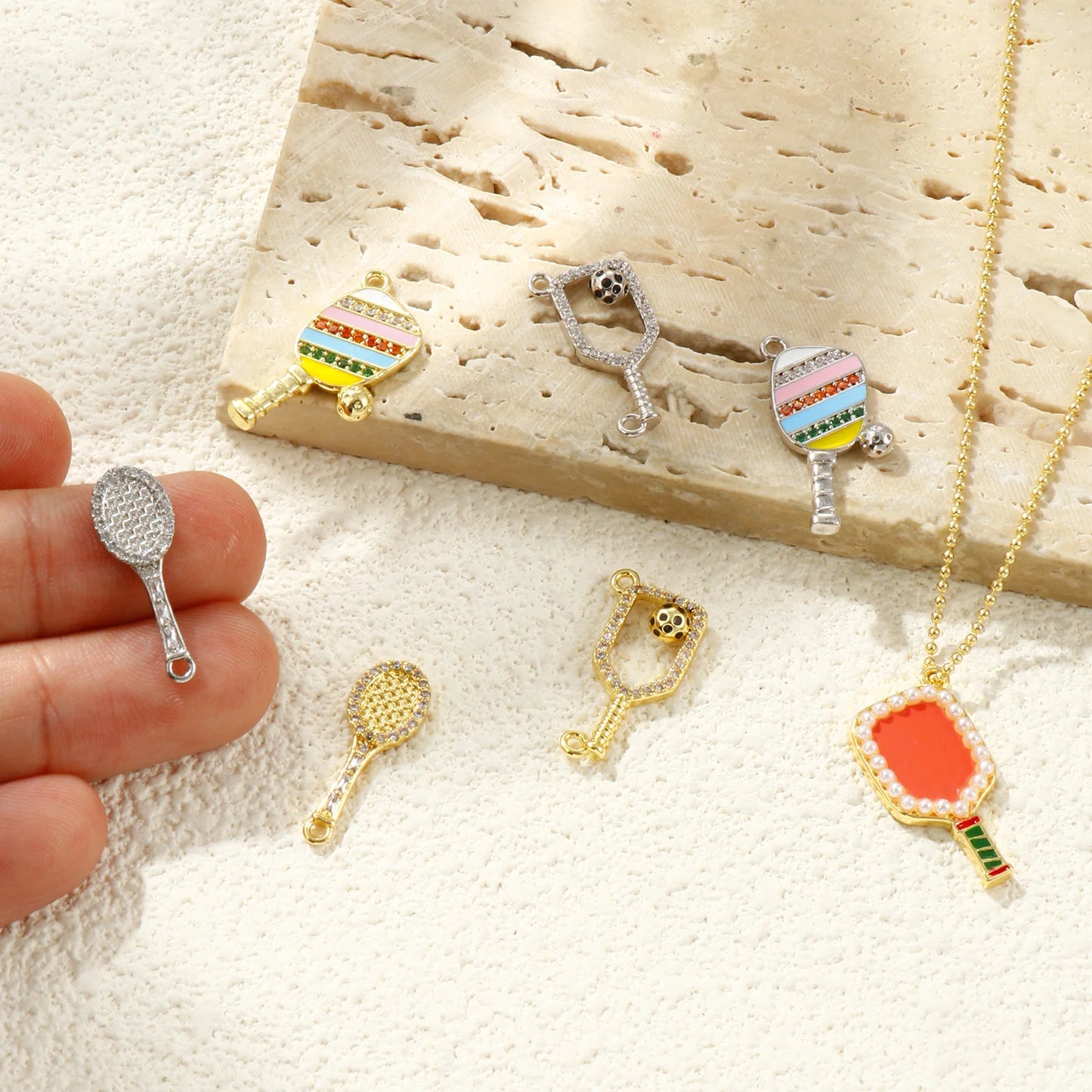 2 Pcs Brass Sport Charms Multicolor Racket Pickleball Paddle Badminton Racket Cubic Zirconia Pendants For DIY Necklace Making
