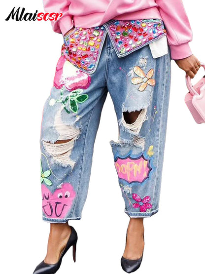 Mlaiscsr Harajuku Print Diamond Patchwork Baggy Jeans Women Mid Waist Button Pocket Denim Wide Leg Pants y2k Birthday Trousers
