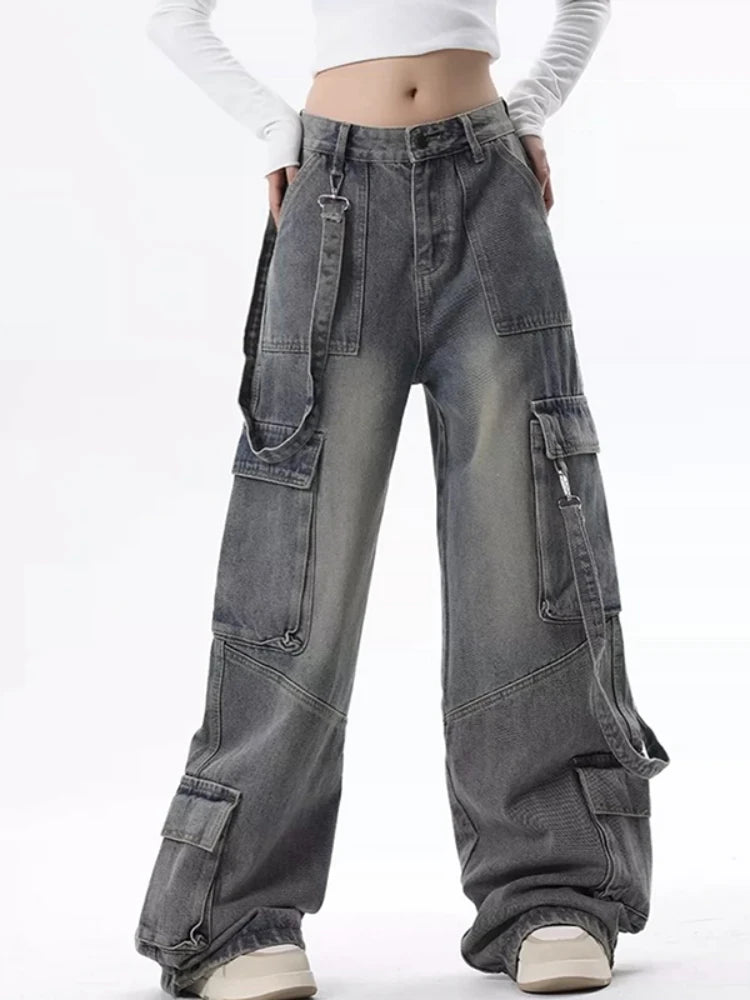 Cargo Jeans for Women Baggy High Street Chic All-match Daily Vintage Ins Waist Trousers Autumn Popular Multi-pockets Classic