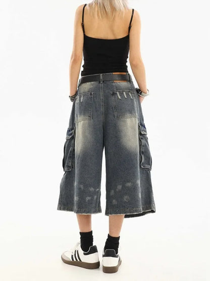 High Waist  Retro Blue Washed Denim Shorts Women's Harajuku Vintage Fashion Casual Loose Y2K Streetwear Wide Leg Cropped Pants