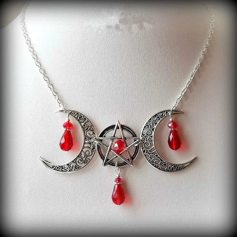 Wiccan Moon Necklace, Gothic Necklace, Pentagram & Moon Necklace, Pagan Necklace, Pentacle Necklace, Witch, Wicca, Black, Red,
