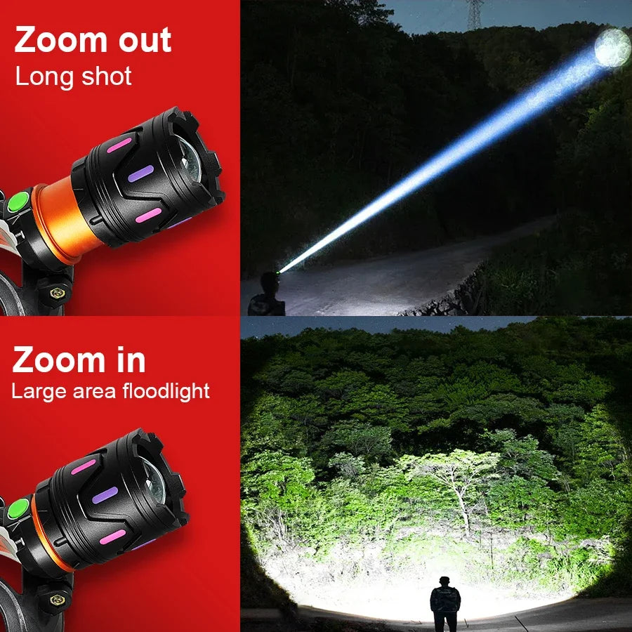 2025 Powerful LED Headlamp Rechargeable Telescopic Zoomable Headlight Outdoor Waterproof Work Head Lamp High Lumen Head Torch