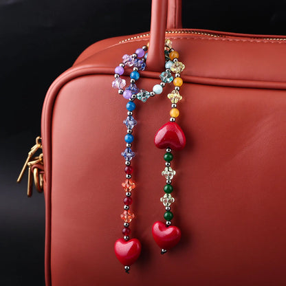 Fashion Key Chain With Red Heart Y2k Style Bag Pendant Cool Trendy Bag Charms Korean Cute Beaded Keychain Ladies Gifts Jewelry