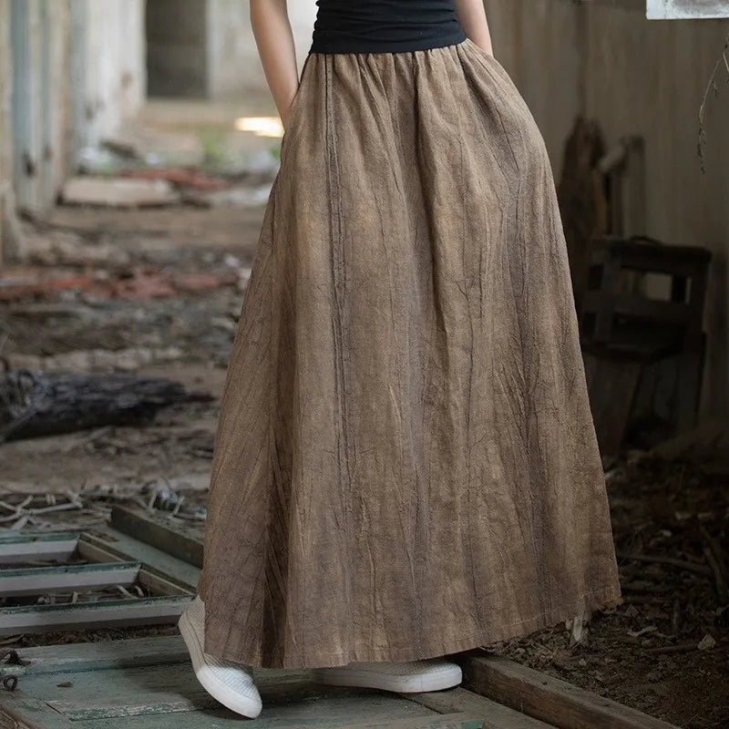 Johnature Women Ramie Tie-dye Skirts Elastic Waist Pockets Vintage Autumn Clothes 2025 New Women A-Line Skirts