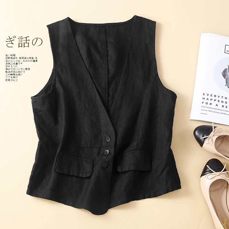 TingYiLi Cotton Linen Sleeveless Jacket For Women Summer V-neck White Khaki Green Black Vest Korean Style Waistcoat Cardigan