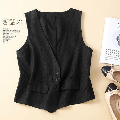 TingYiLi Cotton Linen Sleeveless Jacket For Women Summer V-neck White Khaki Green Black Vest Korean Style Waistcoat Cardigan
