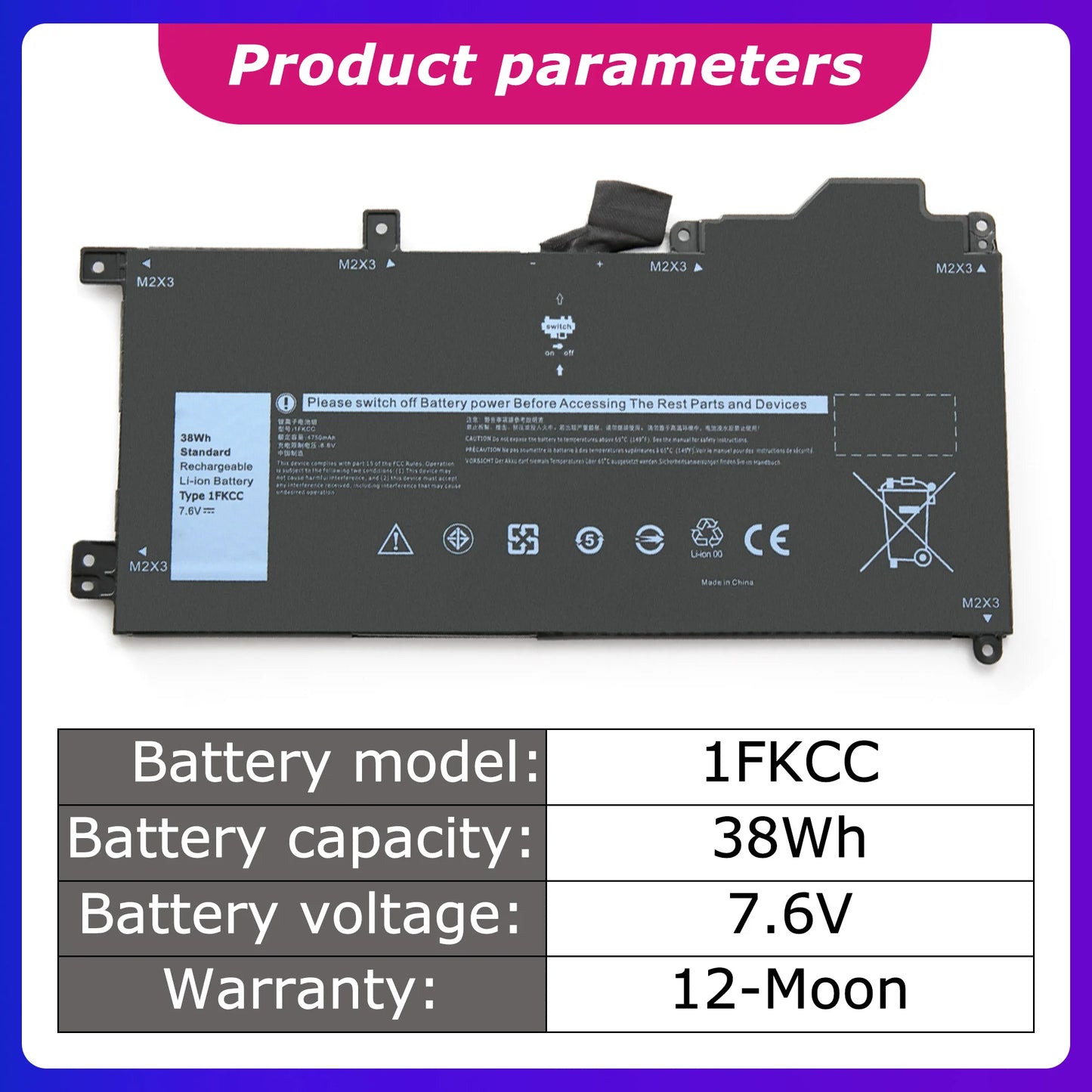 1FKCC Laptop Battery for Dell Latitude 7200/7210 2-in-1 Series Notebook 09NTKM/9NTKM Series 0D9J00/0KWWW4 4750mah/38wh