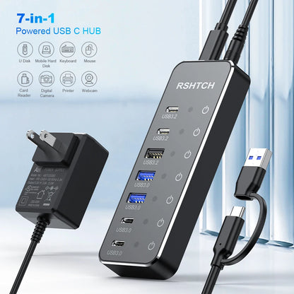 RSHTECH Powered 7 Port 10Gbps Data USB Hubs Individual On/Off  Touch Switches Splitter for Surface Windows PC Laptop Desktop