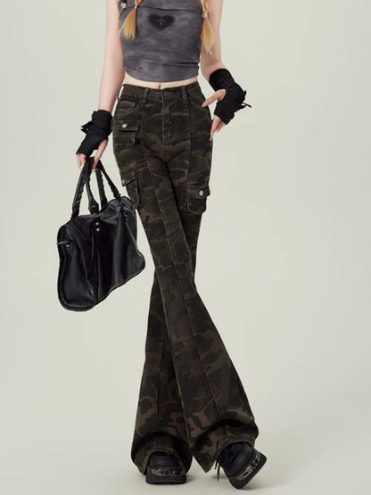 High Waist Jean Women Camouflage Cargo Style Skinny American Streetwear Aesthetic 2000s Y2k Jeans Flare Trousers Designed Chic
