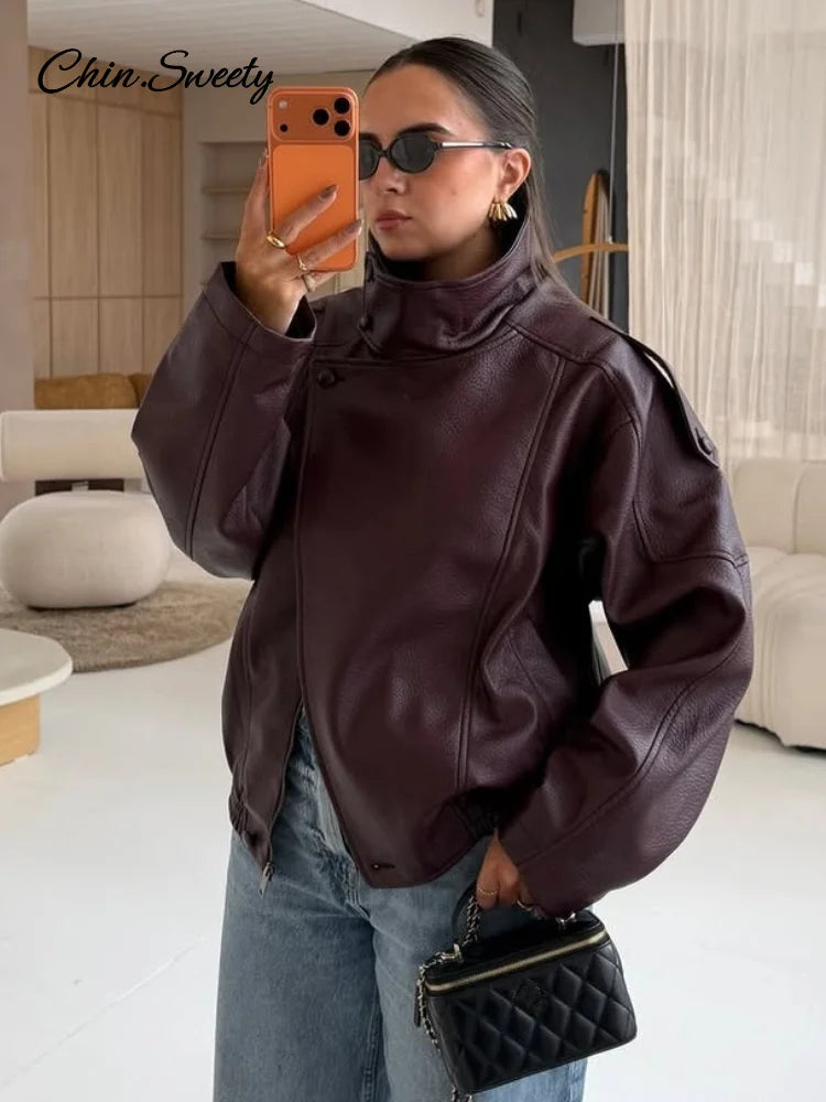 Vintage Stand Neck Leather Jacket Women Solid Motorcycle Style Asymmetry Elastic Hem Loose Cropped Jackets Lady New Outwear 2026