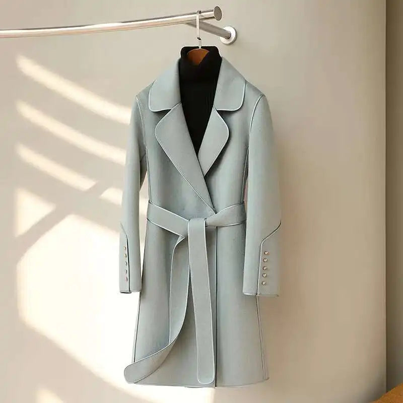 LANMREM 2023 Winter New Wool Coats For Women Lapel Long Sleeves Belt Coats Office Lady Fashion Streetwear Clothing 2DA2615