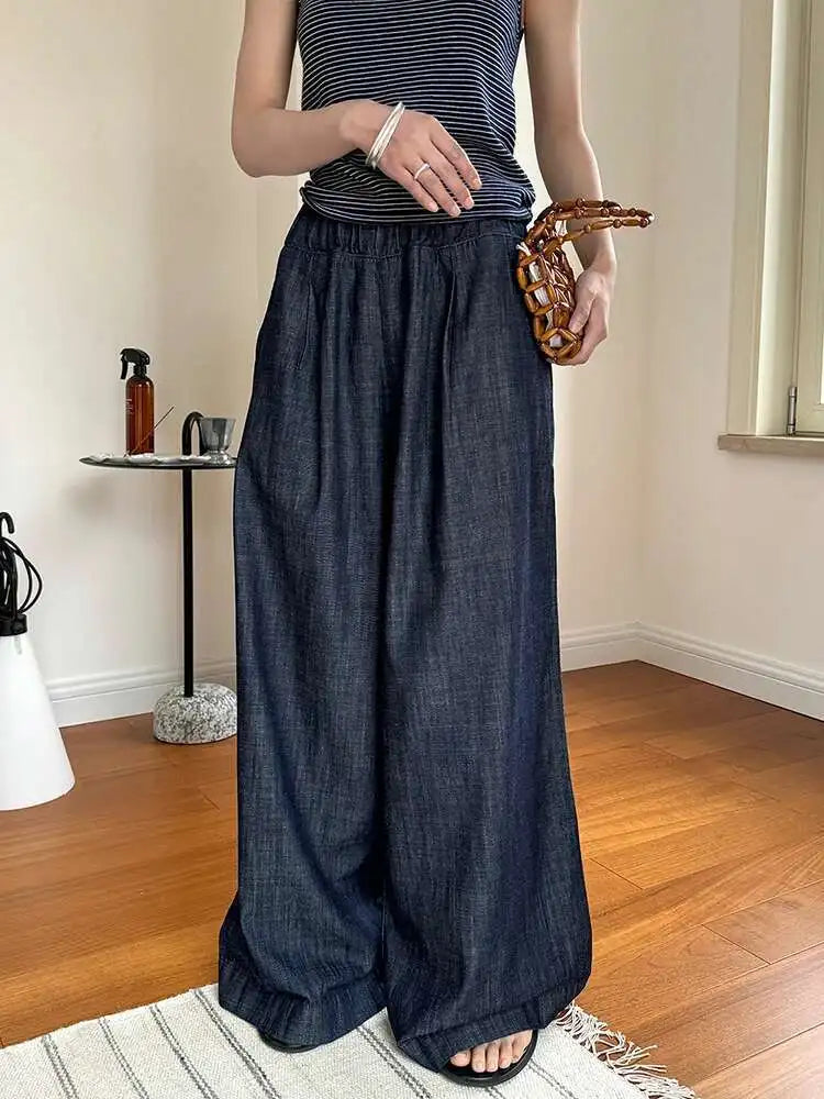 [LANMREM] Vintage Elastic High Waist Jeans For Women Straight Wide Leg Denim Pants Sunscreen Trousers 2025 Summer New 26D9421