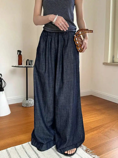 [LANMREM] Vintage Elastic High Waist Jeans For Women Straight Wide Leg Denim Pants Sunscreen Trousers 2025 Summer New 26D9421
