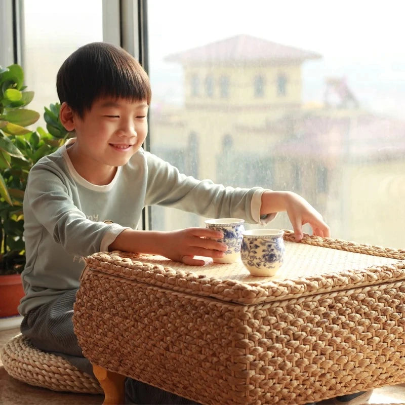 Rattan Floor Tea Table Tatami Style Minimalist Coffee Table for Balcony Low Bedside Small Space Window Area Use