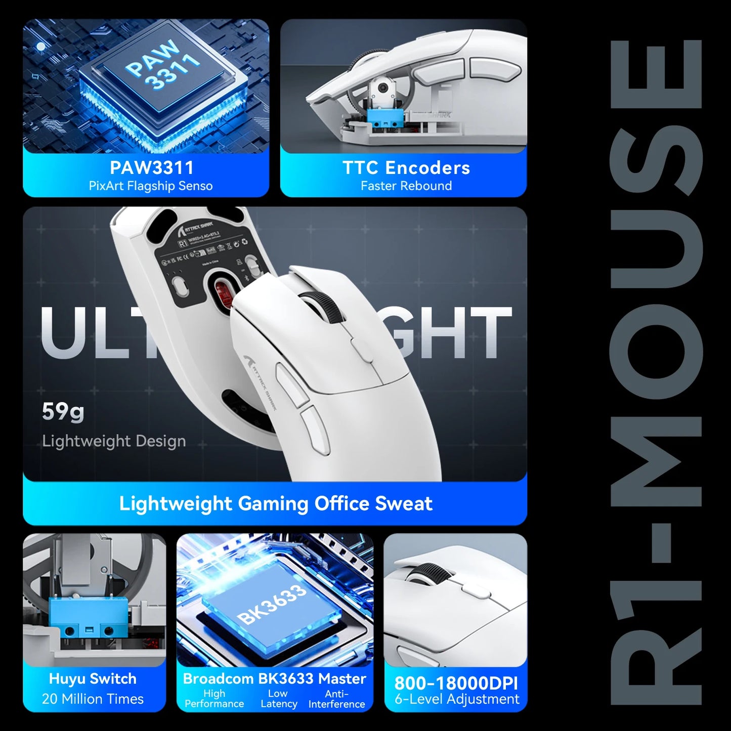 Attack Shark R1/X11 Wireless Gaming Mouse, 18K DPI PAW3311, Tri-Mode Bluetooth/2.4GHz/Wired, Lightweight, Macro Gaming Mouse