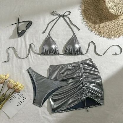 Gold Micro Thong String 3 Piece Bikini Set Damen Halter Swimwear Skirts Cover Ups Sexy Swimsuit Women 2026 Bathing Suit Bikinis
