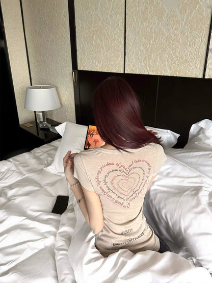 Women T Shirt 2025 Summer New Round Neck Letter T-shirts Casual Slim Fit Waist Spicy Girl Printed Short Sleeved Top
