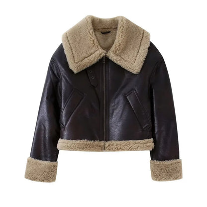 Vintage Furry Leather Women Winter Coats Big Lapel Long Sleeve Zipper Warm Outerwear 2025 Winter Chic Lady Street Short Jackets