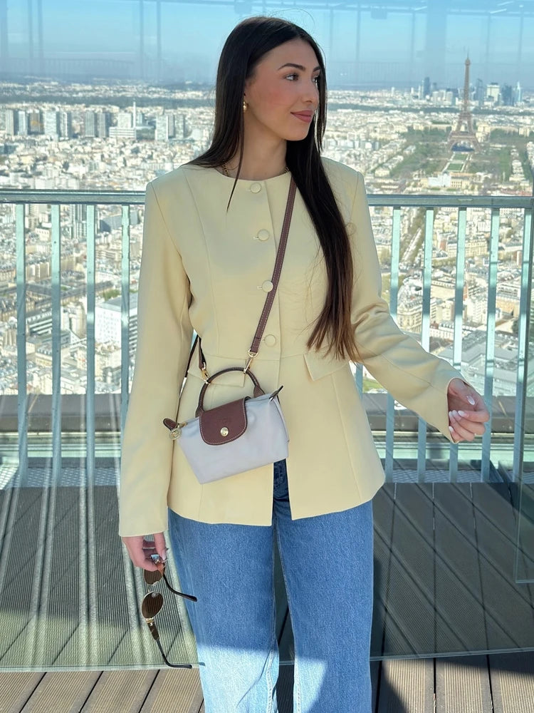 HH 2025 Elegant Women's Yellow Slim Blazer Jacket Female O-Neck Long Sleeve Single Breasted Suit Coat Lady Office Streetwear