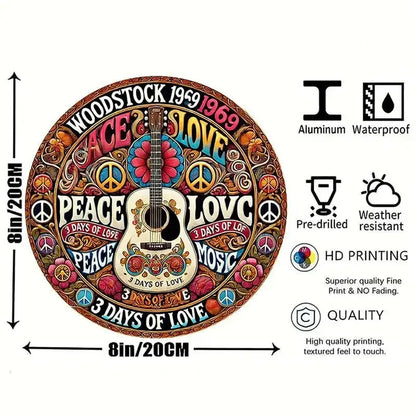 Home Decor，Retro Peace and Love Design with Guitar and Flowers,  Home Decor -  New Year's, Valentine'S Day, Music Decor
