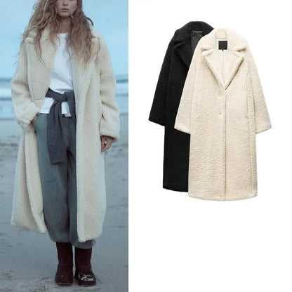 Autumn Winter New Arrival Women's Lazy Sle Warm Lapel Long Sve Fce Long Coat Jaet Straight Cut Commute Polyester