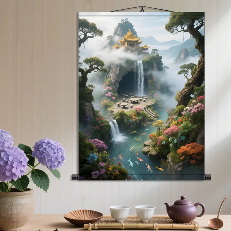 Landscape Painting, Living Room Corridor Background Wall Silk Scroll Painting Aesthetic Room Decor Wall Decoration Tapestry