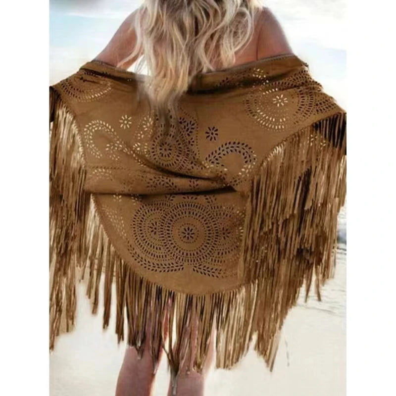Women's Tassels Sleeveless Vest Hippie Faux Suede Fringe Jackets Cardigan Summer Hollow Waistcoat Outwear Tops
