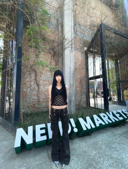 Women Korean Fashion Chic Jeans Grunge Japanese Harajuku Gyaru Y2K Denim Cargo Pants Cyber Punk Hip-pop 2000s Aesthetic Tomboy