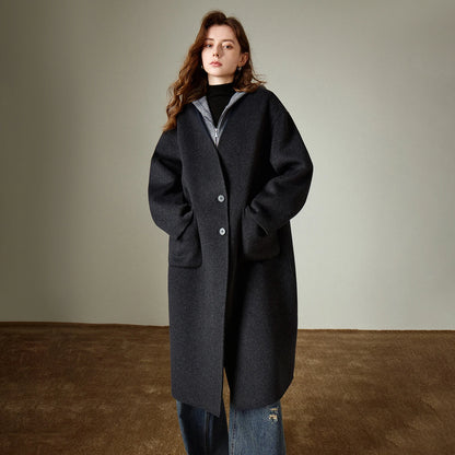 TOYOUTH Women Woolen Coat 2025 Winter New V Neck Mid Length Retro Female Overcoat Jacket Camel Black Gray