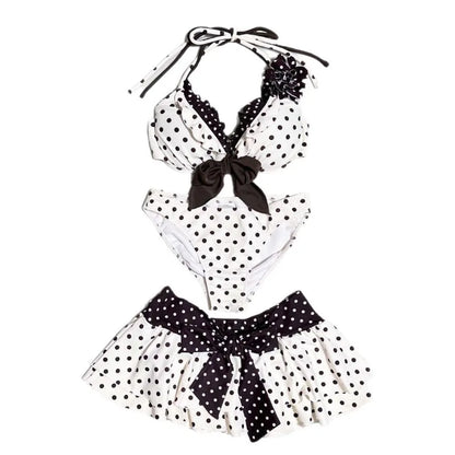 American INS Style New Cute Swimsuit Summer Fashion Sexy Halterneck Polka Dot Bow Tie Top Skirt Beach Y2k Three-piece Sets 2025