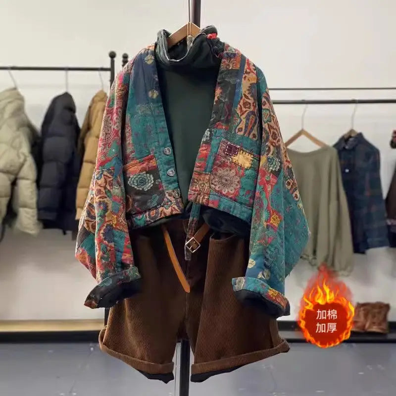2026 Spring & Autumn Fashion Ethnic Retro Printed Cotton Jacket Women's Loose Bat Sleeves Quilted Short Coat V-Neck Top K2312