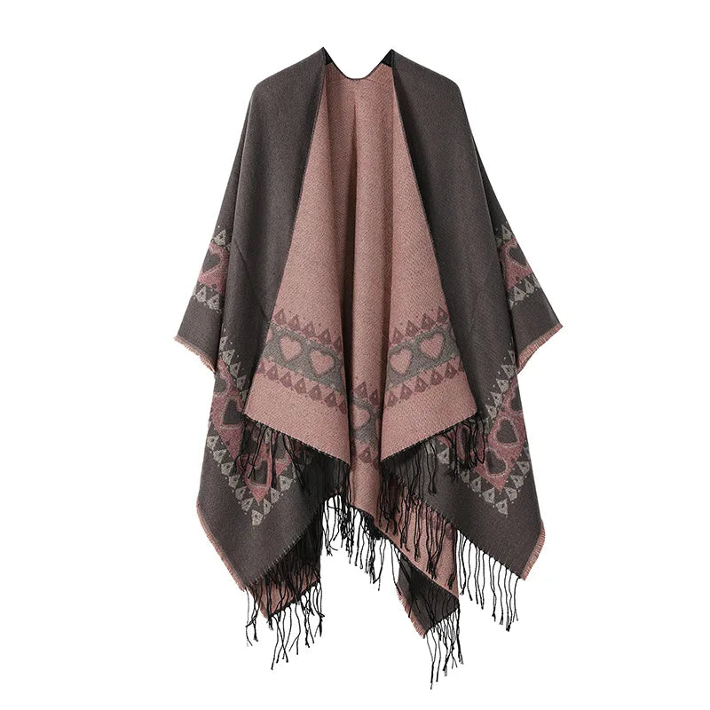 Poncho New Split Warm Shawl Vintage Ethnic Style Scarf Imitation Cashmere Tassel Women Cape Lady Cloak Warm Coat Khaki