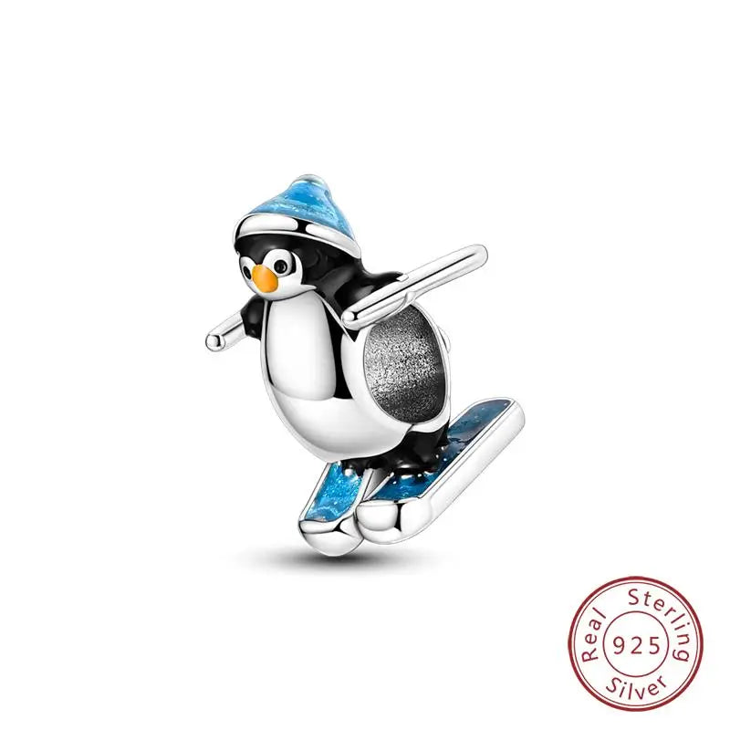 Original 925 Sterling Silver Charms Beads Winter Snowflake Snowman Igloo Penguin Pendant Fit Bracelet Women Jewelry Gift