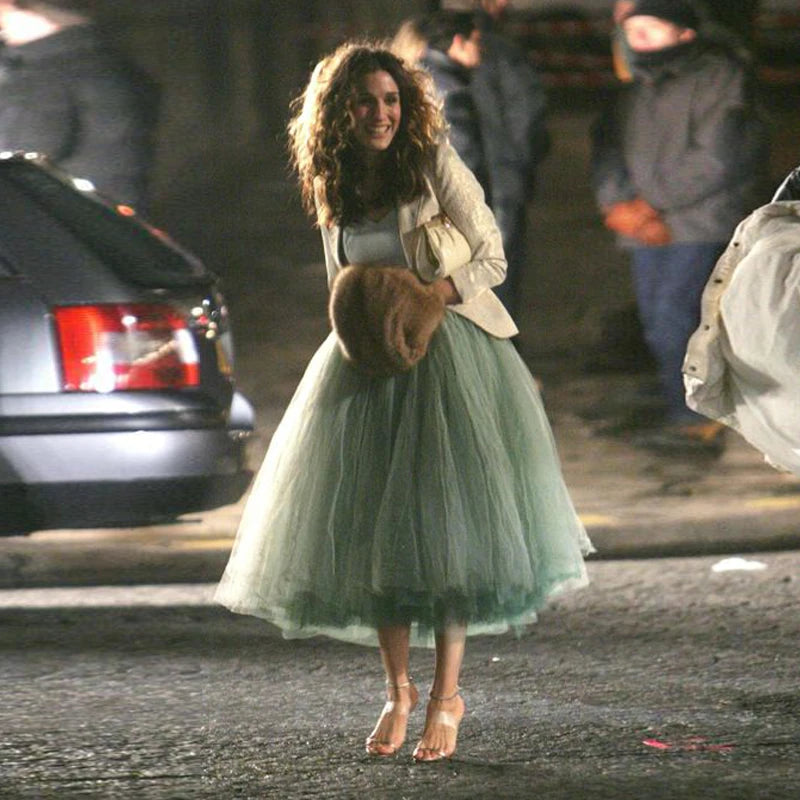 Puffy Mint Green Skirts Ankle Length Tulle Skirt Party Saias jupe femme Woman Skirt Elastic Band