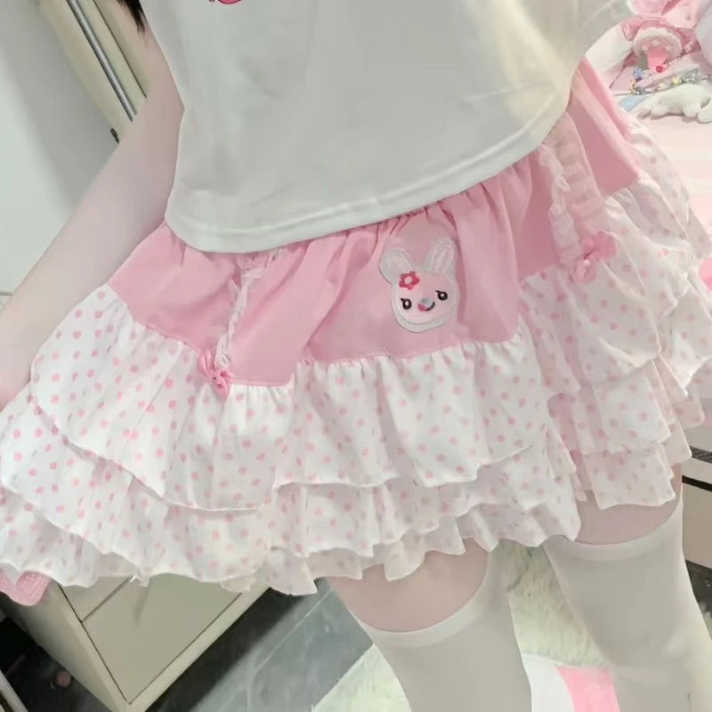 Sweet Japanese Elastic Waist Pink Polka Dot Skirts Kawaii Fashion Patchwork Loose Short Skirt Women's Design Bow Lovely Outfits